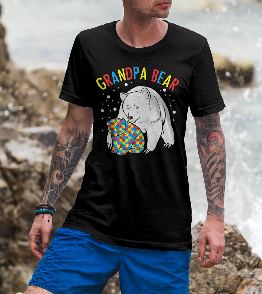 Grandpa Bear Mens Autism Awareness Puzzle Bear T-Shirt