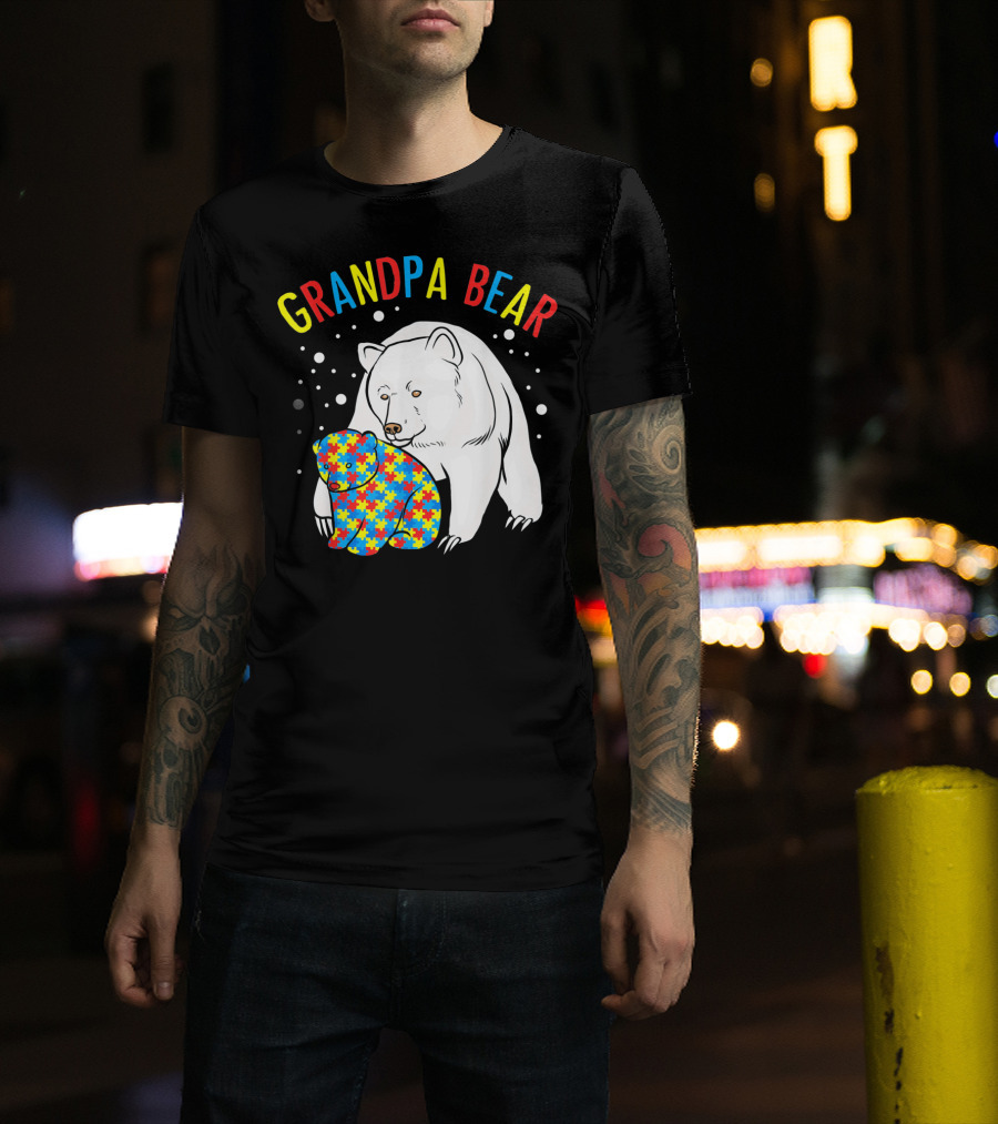Grandpa Bear Mens Autism Awareness Puzzle Bear T-Shirt