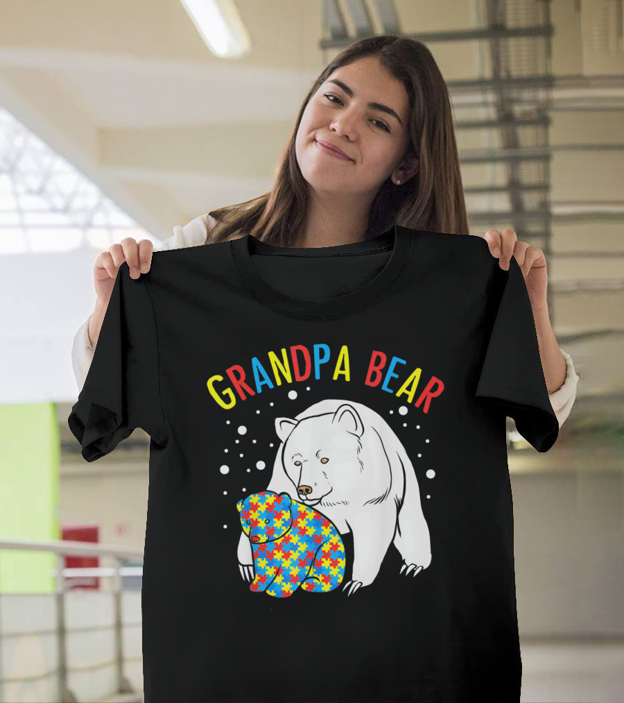 Grandpa Bear Mens Autism Awareness Puzzle Bear T-Shirt