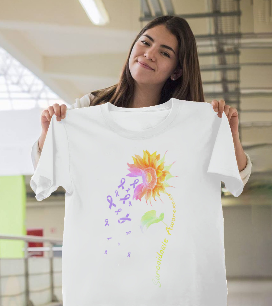 Sarcoidosis Awareness Sunflower With Purple Ribbons T-Shirt