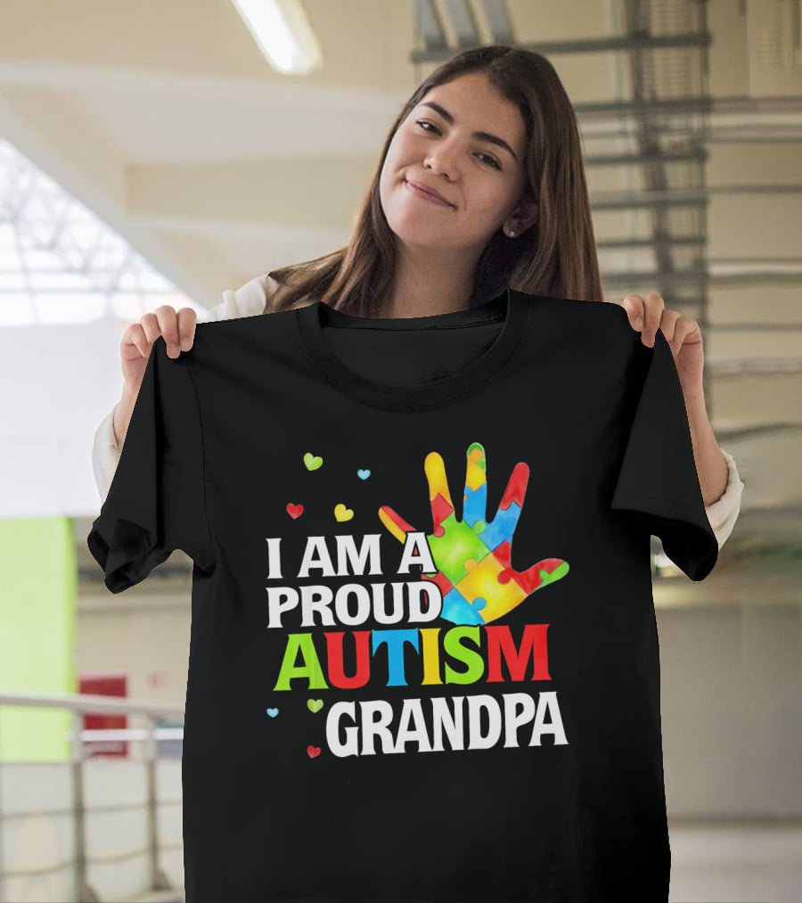 I Am A Proud Autism Grandpa Colorful Puzzle Hand Heart Accents T-Shirt