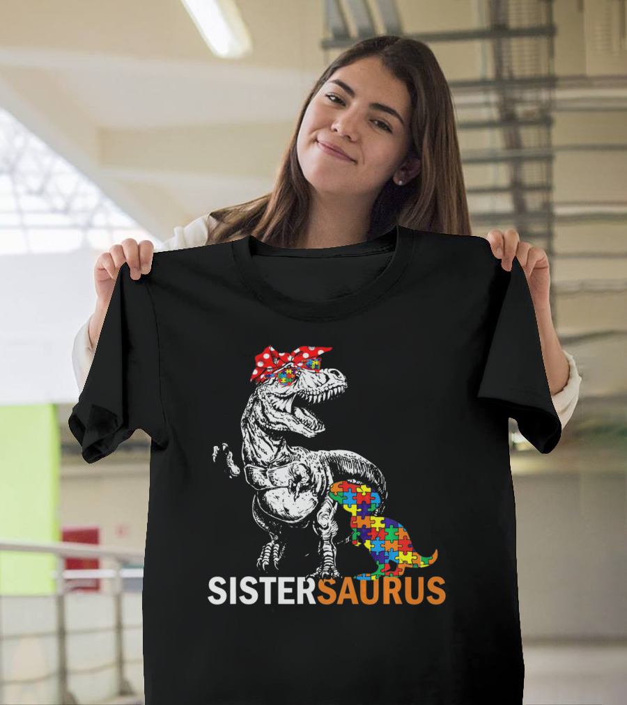 Sister Saurus Autism Awareness Dinosaur Puzzle Print T-Shirt