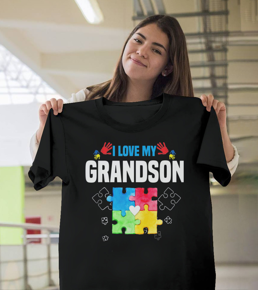 I Love My Grandson Autism Awareness Puzzle Pieces and Colorful Handprints T-Shirt