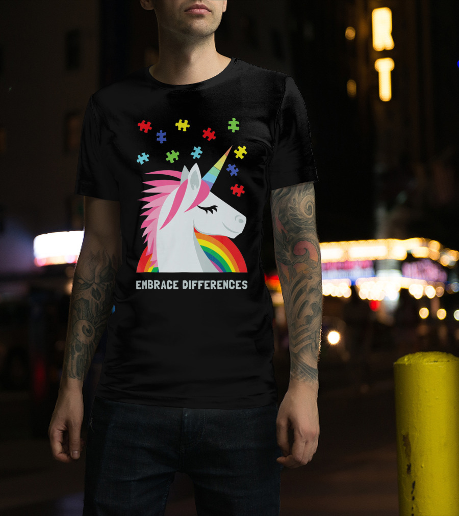 Embrace Differences Unicorn Rainbow Autism Awareness T-Shirt
