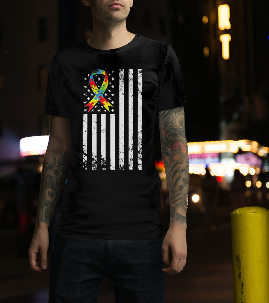 Vintage Autism Awareness Puzzle Ribbon US Flag T-Shirt