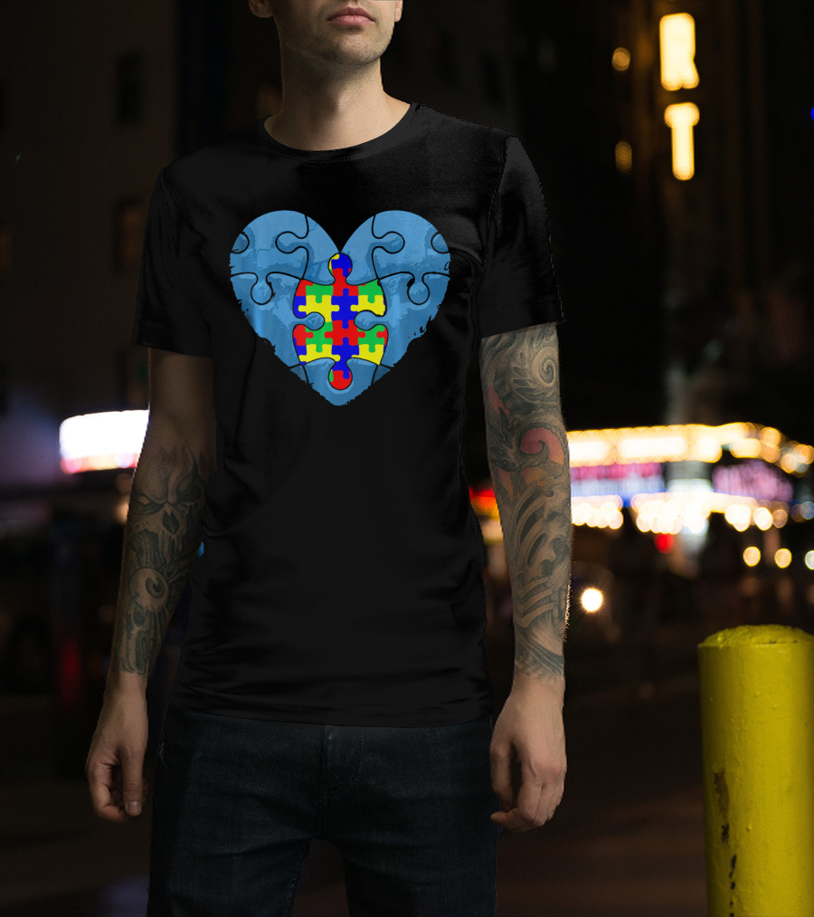 Love Doesn't Need Words Heart Puzzle Autism Awareness T-Shirt