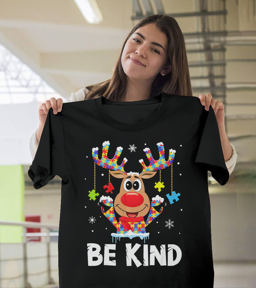 Be Kind Reindeer Puzzle Pieces Autism Awareness T-Shirt
