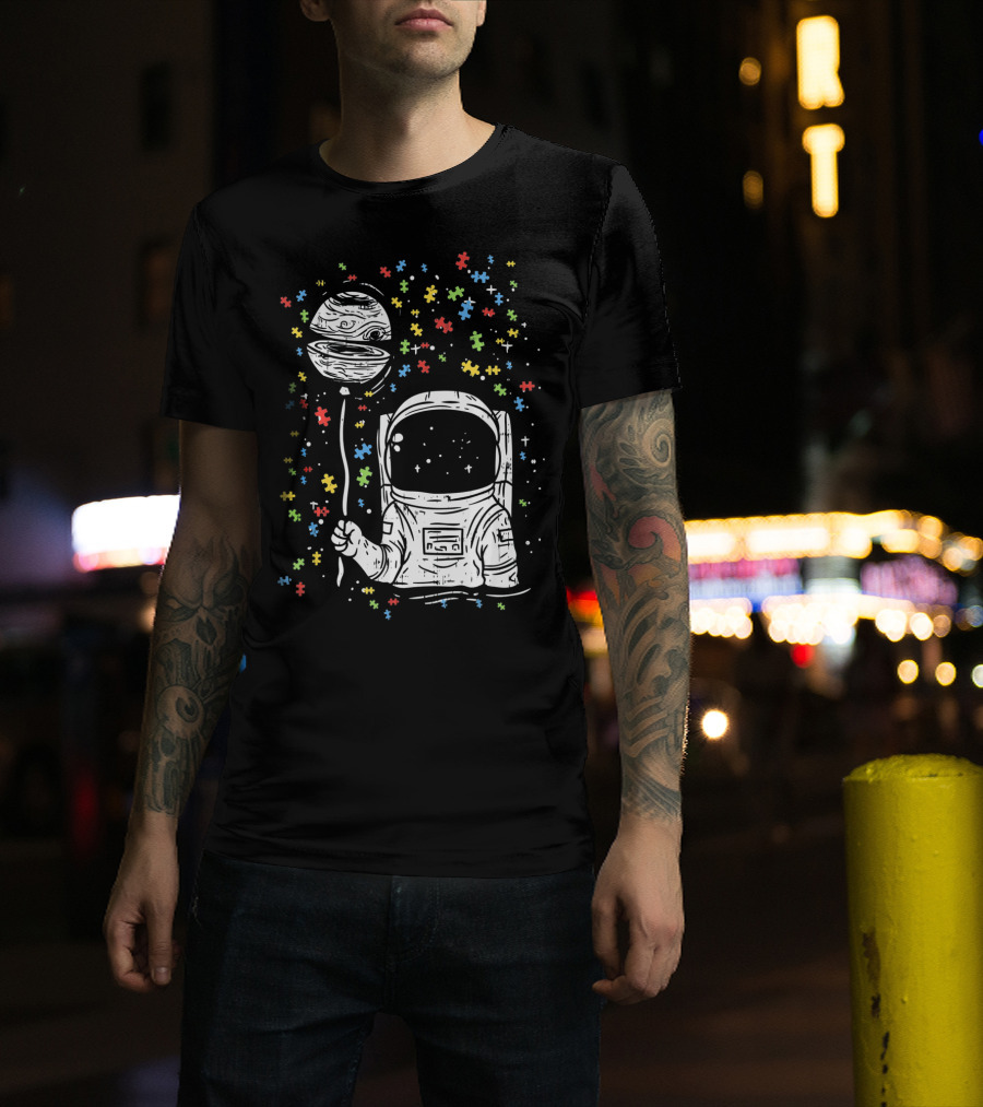Astronaut Holding Planet Balloon With Puzzle Pieces For Autism Awareness T-Shirt