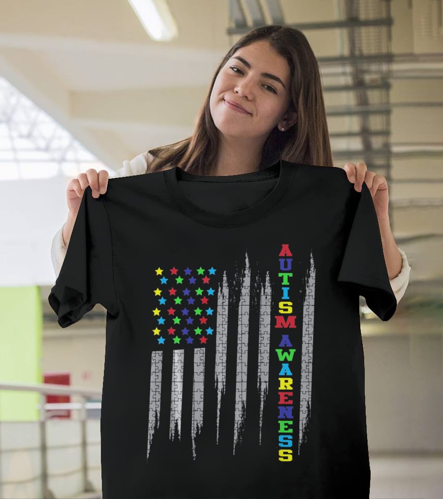 Autism Awareness Day USA Flag Puzzle Stars T-Shirt