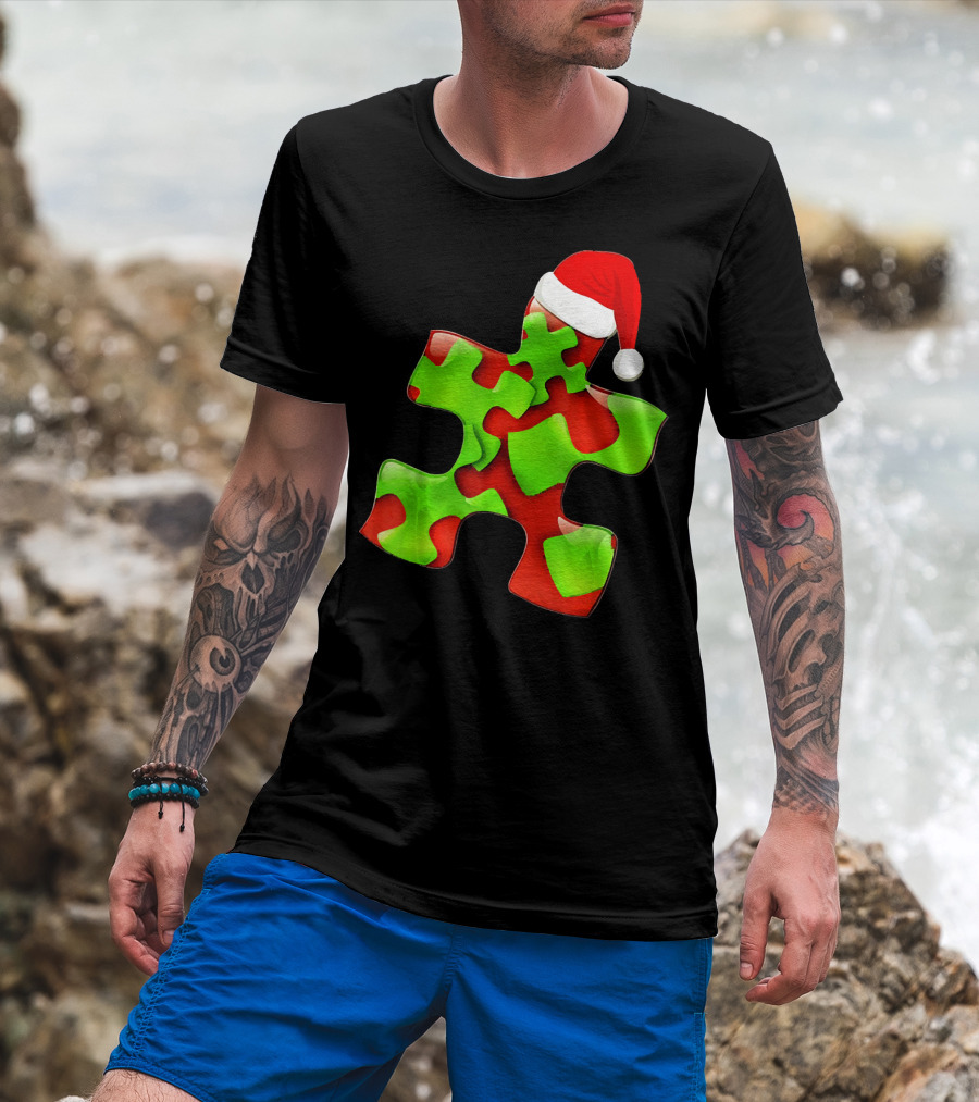 Funny Santa Claus Puzzle Piece Autism Awareness T-Shirt