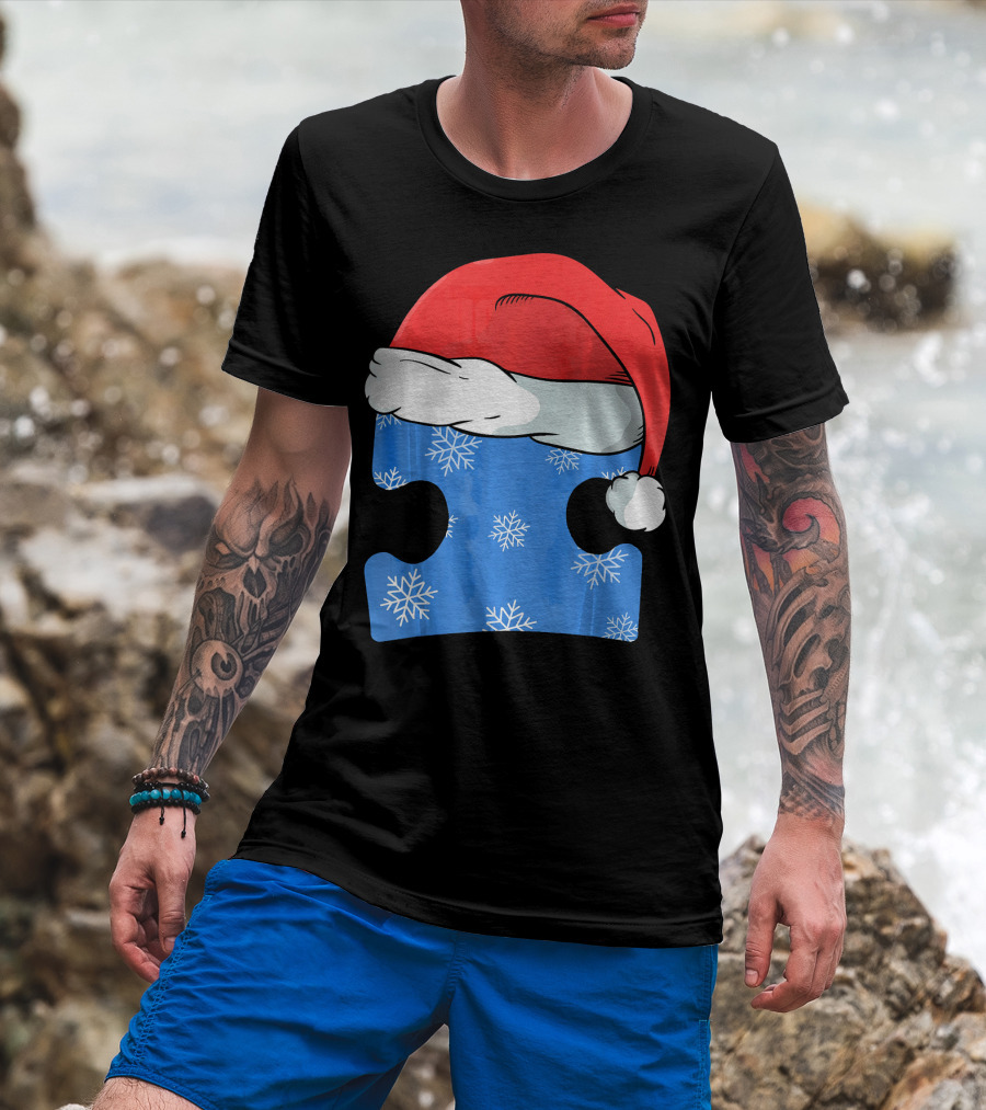 Autism Awareness Puzzle Piece Blue Snowflake Santa Hat T-Shirt