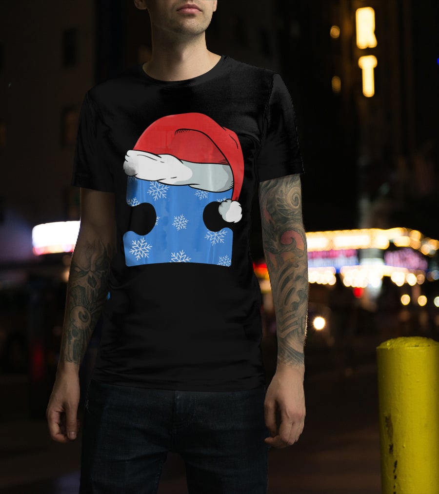 Autism Awareness Puzzle Piece Blue Snowflake Santa Hat T-Shirt