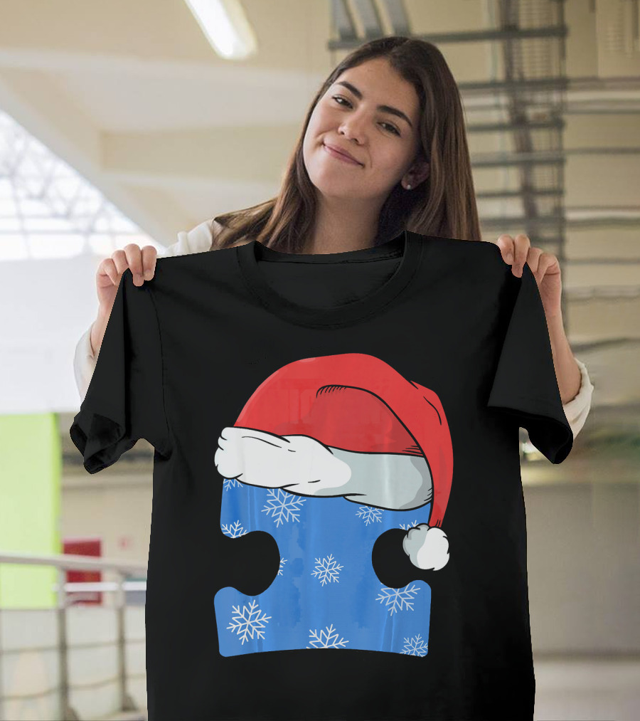 Autism Awareness Puzzle Piece Blue Snowflake Santa Hat T-Shirt