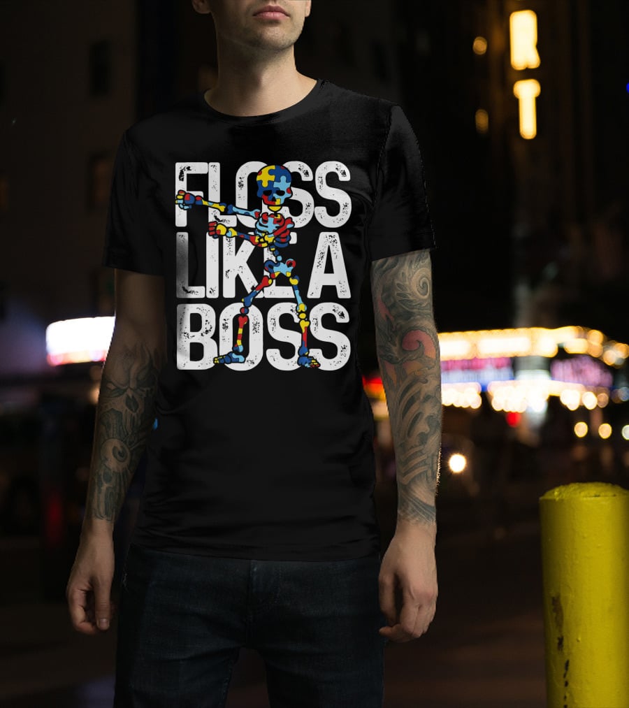Floss Like A Boss Puzzle Skeleton Autism Awareness T-Shirt