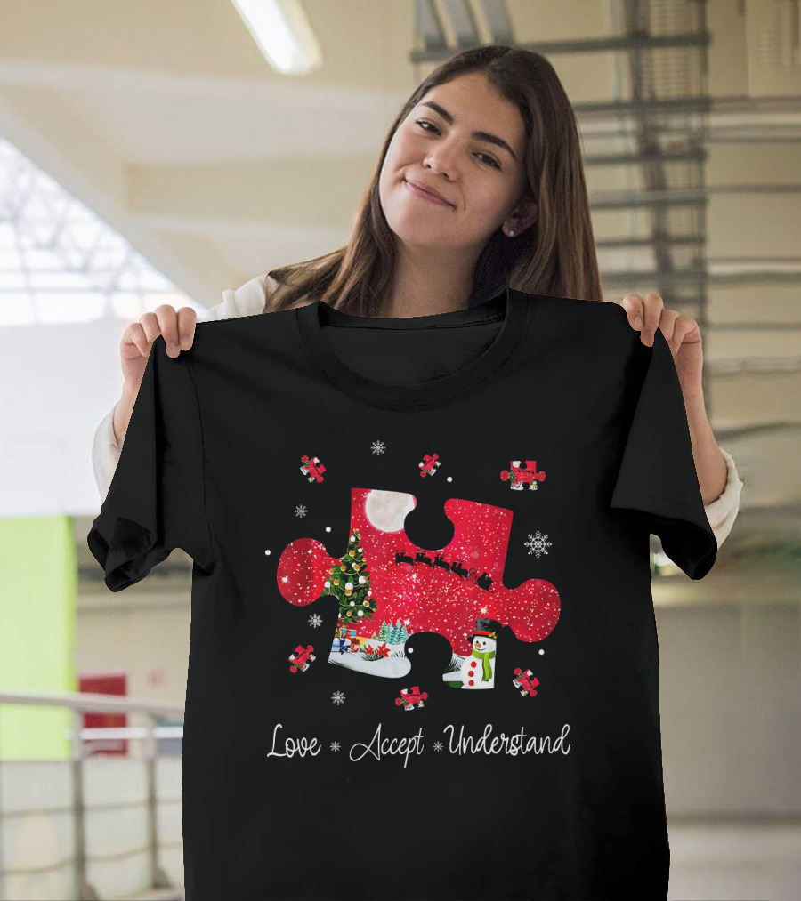 Love Accept Understand Autism Awareness Christmas Puzzle Snowman Santa Sleigh T-Shirt