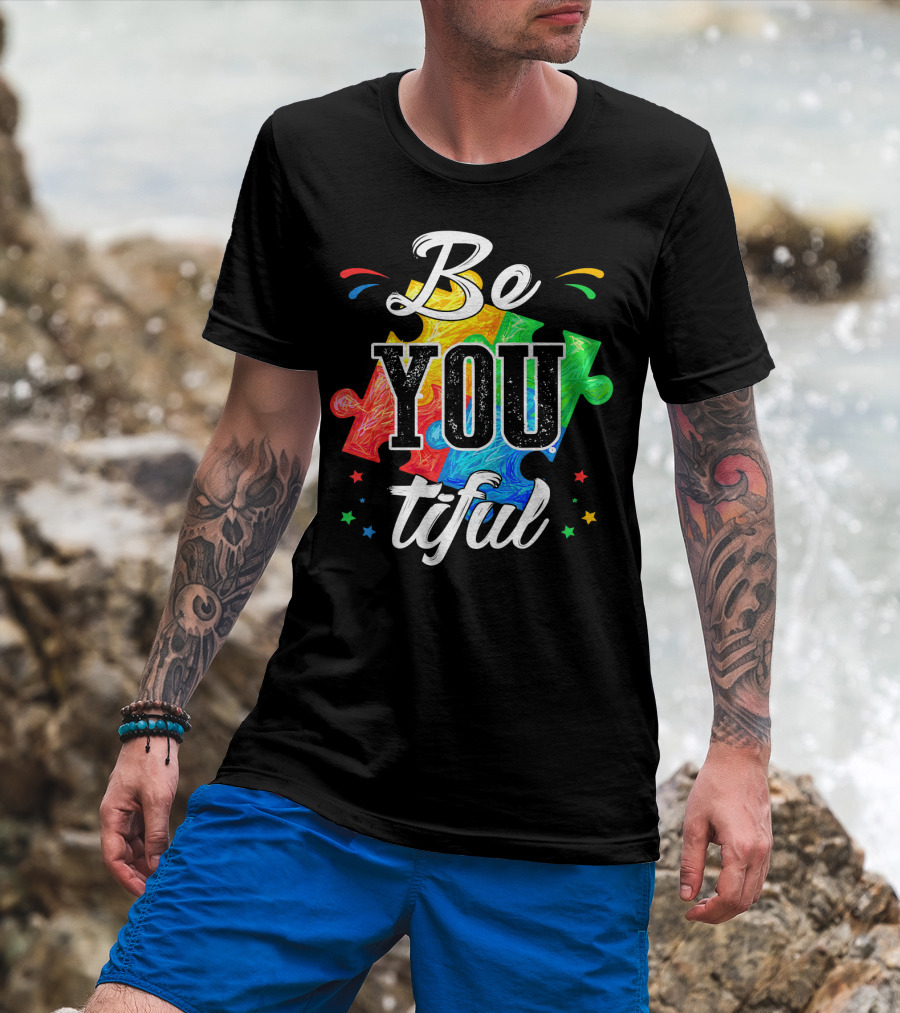 Be You Tiful Autism Awareness Colorful Puzzle Pieces With Stars T-Shirt