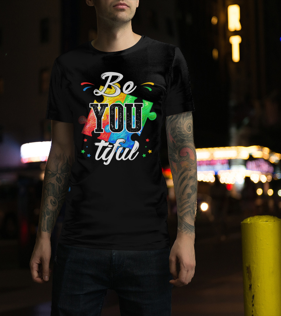 Be You Tiful Autism Awareness Colorful Puzzle Pieces With Stars T-Shirt