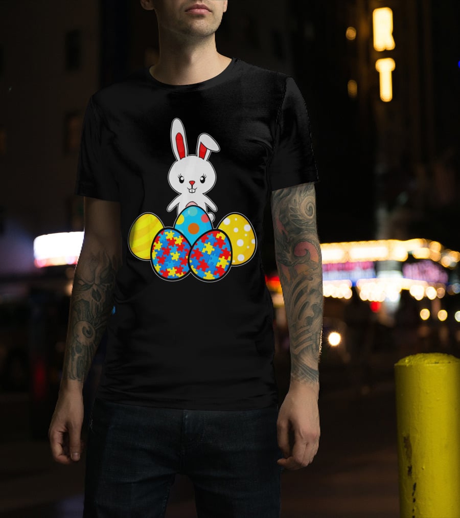 Easter Bunny With Autism Awareness Puzzle Pattern Eggs T-Shirt