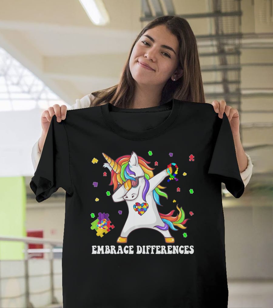 Embrace Differences Unicorn Autism Aware Puzzle Pieces T-Shirt