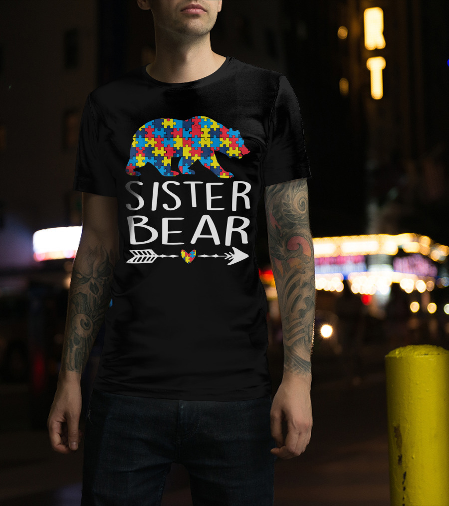 Sister Bear Autism Heart Puzzle Arrow T-Shirt