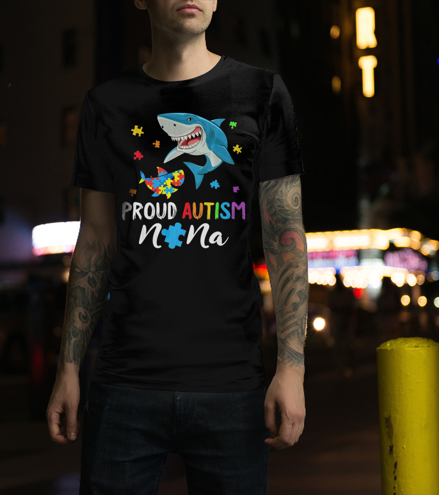 Proud Autism Nana Shark With Colorful Puzzle Pieces T-Shirt