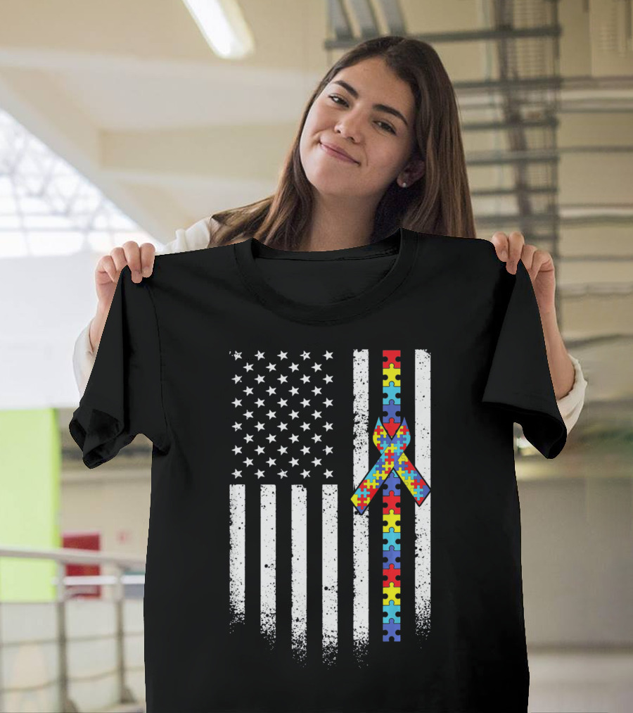 Autism Awareness American Flag With Puzzle Piece T-Shirt