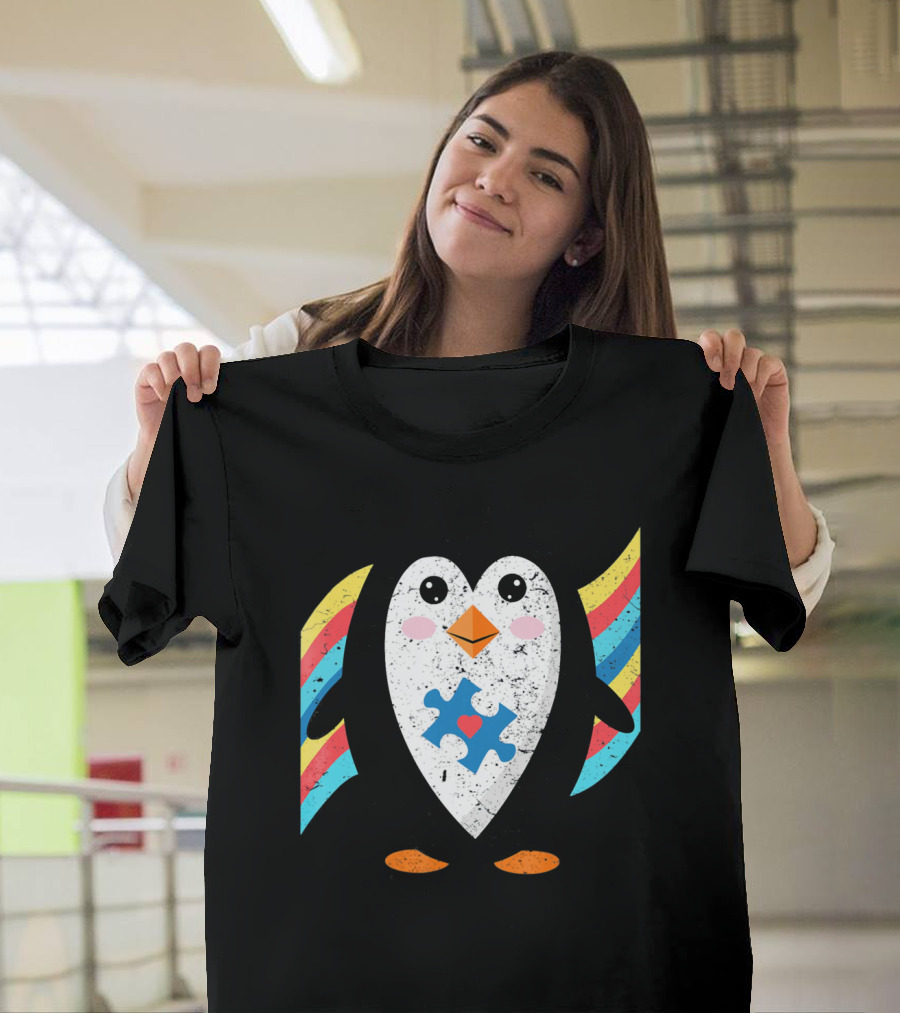 Cute Penguin Autism Awareness Heart Puzzle T-Shirt