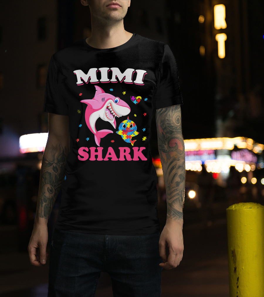 Mimi Shark Autism Awareness Puzzle Heart Colorful Sharks T-Shirt