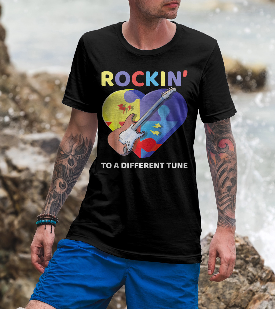 Rockin' To A Different Tune Autism Awareness Guitar Heart Puzzle T-Shirt