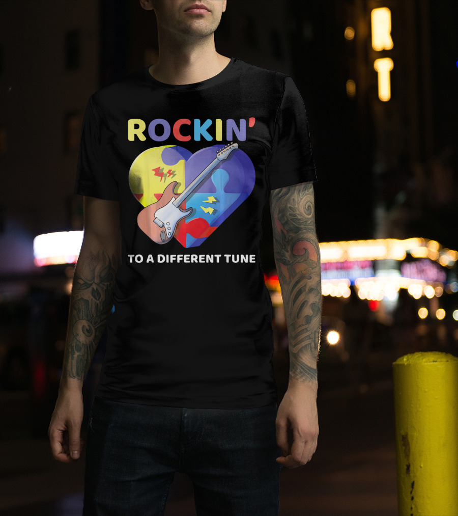 Rockin' To A Different Tune Autism Awareness Guitar Heart Puzzle T-Shirt