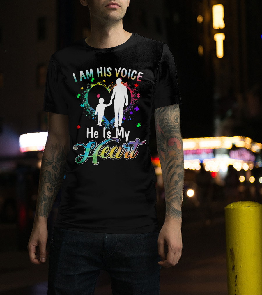 I Am His Voice He Is My Heart Autism Awareness Father And Child Silhouette With Colorful Puzzle T-Shirt