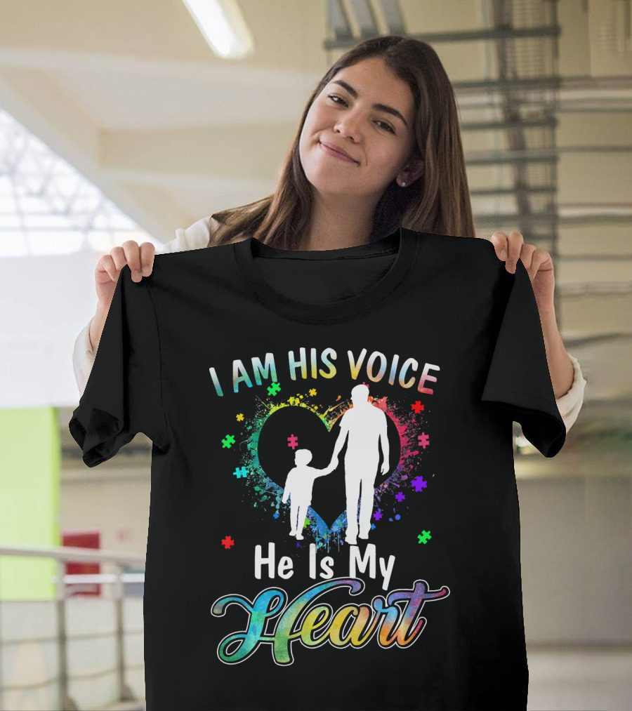 I Am His Voice He Is My Heart Autism Awareness Father and Child Silhouette with Colorful Puzzle T-Shirt