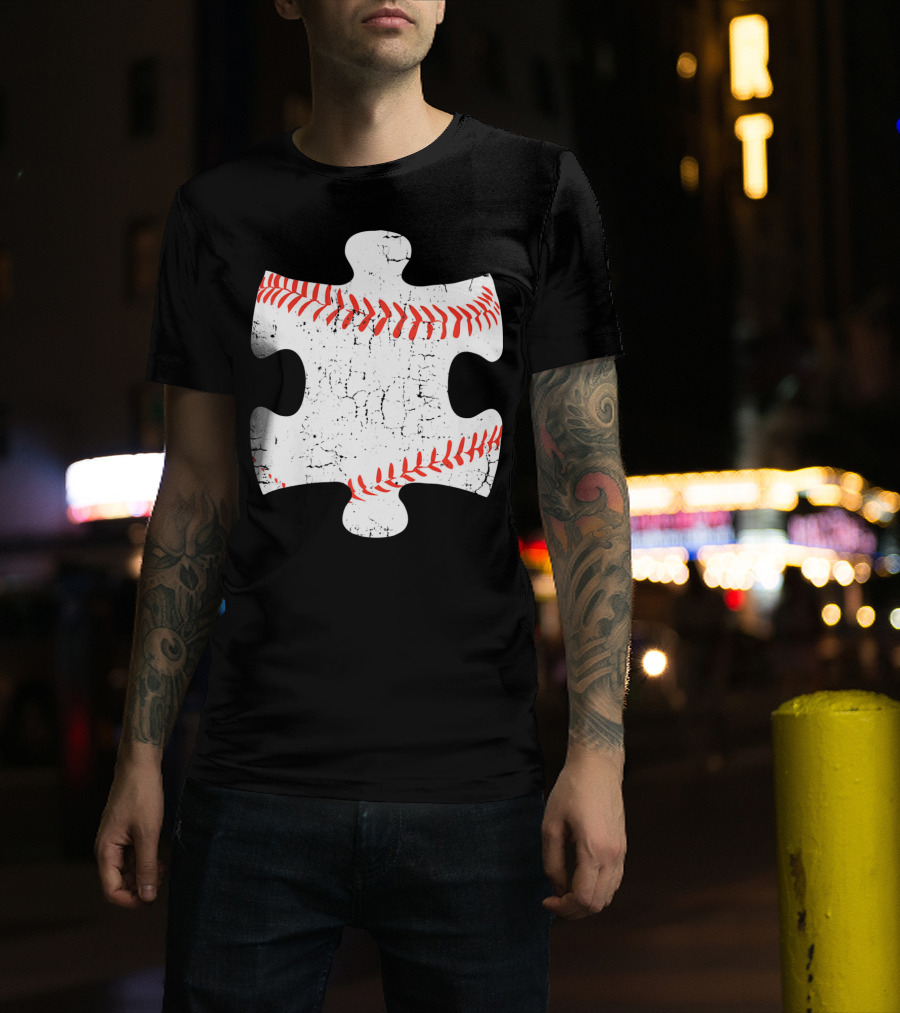 Baseball Stitch Puzzle Piece Autism Awareness T-Shirt