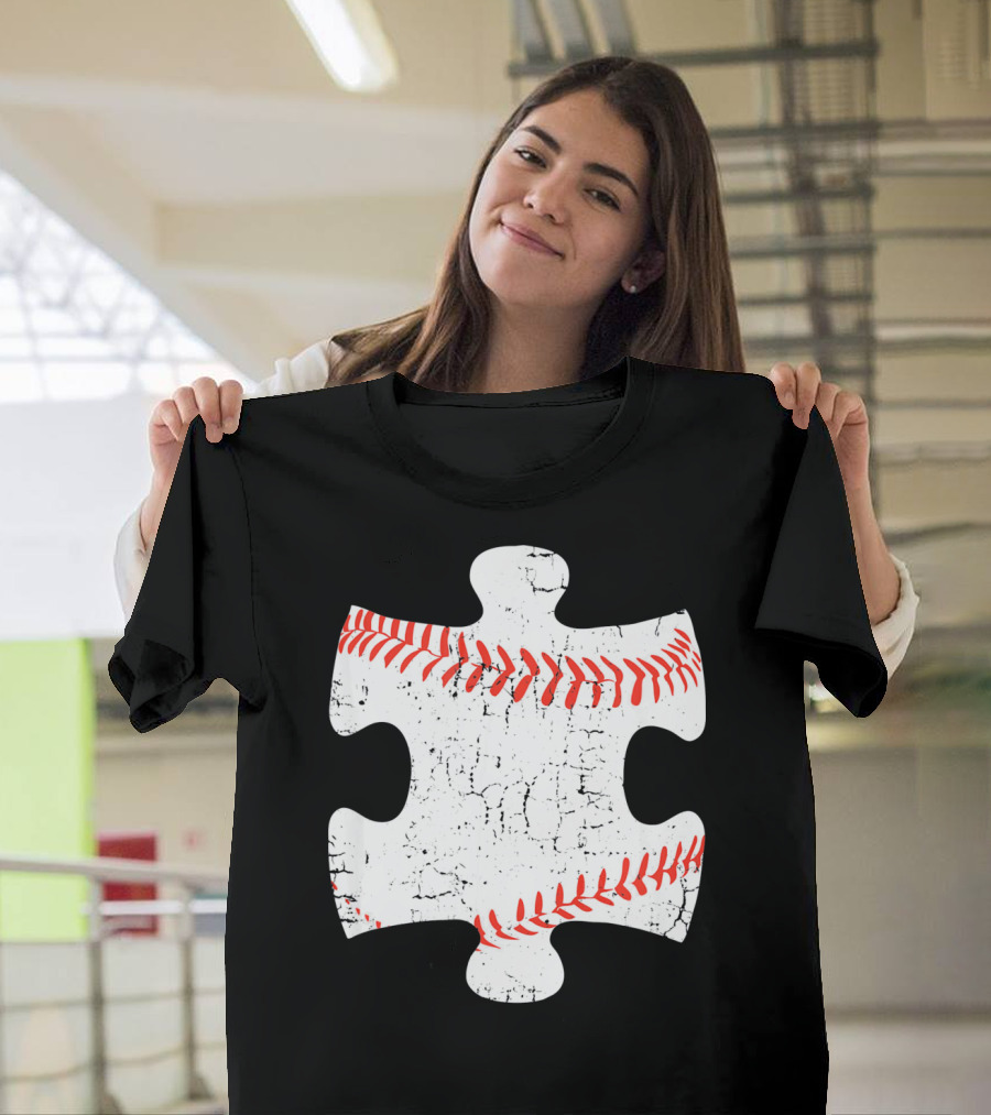 Baseball Stitch Puzzle Piece Autism Awareness T-Shirt