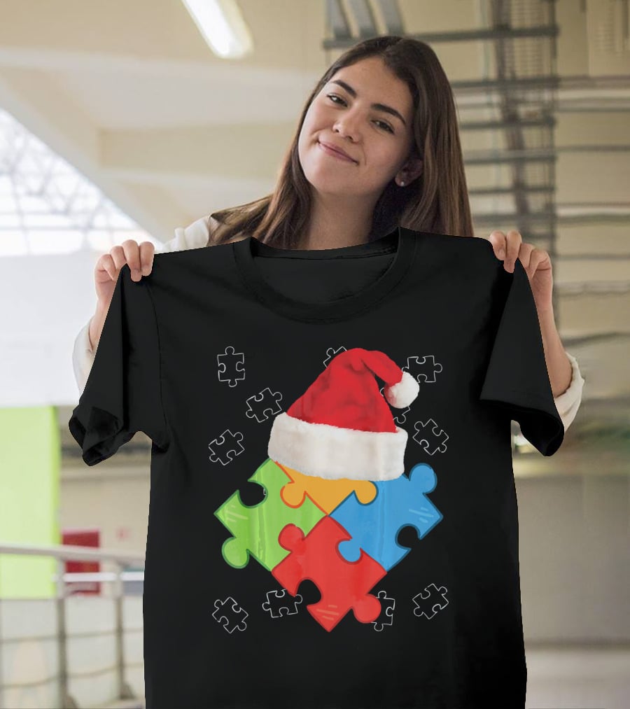 Autism Puzzle Pieces With Santa Hat Holiday T-Shirt