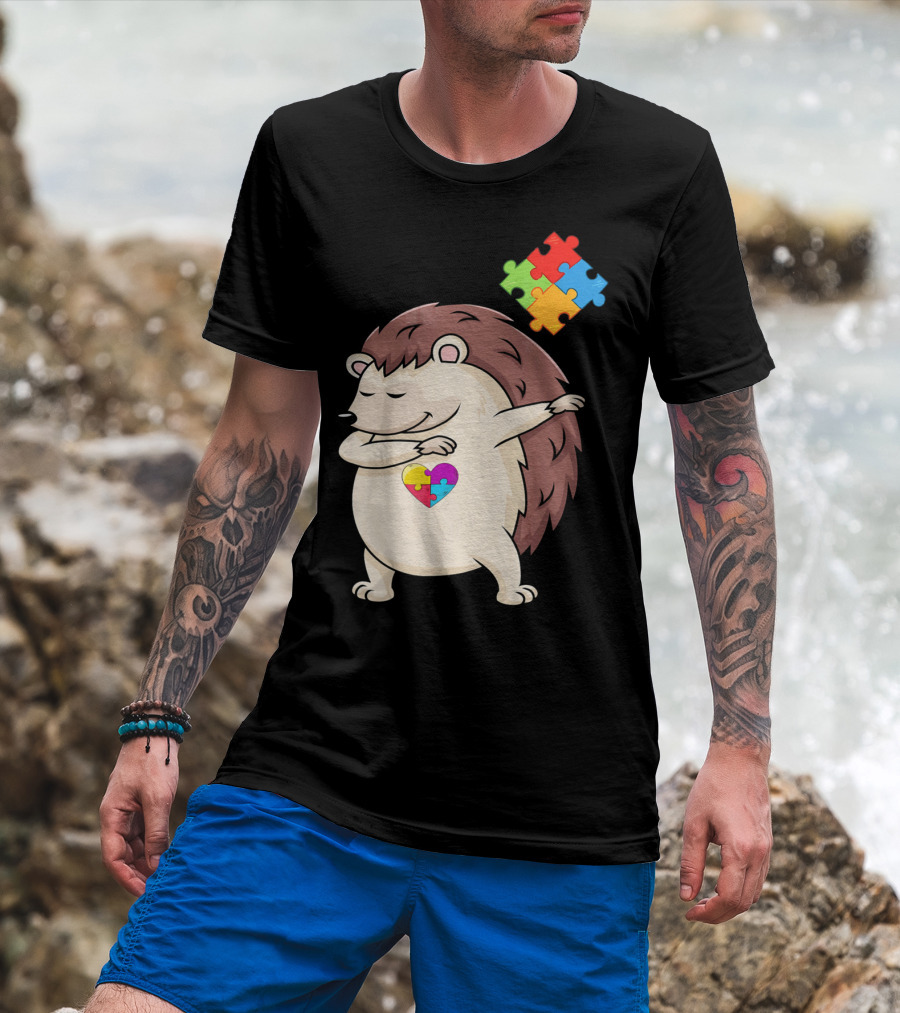 Hedgehog Dabbing With Puzzle Pieces Heart Autism Awareness T-Shirt