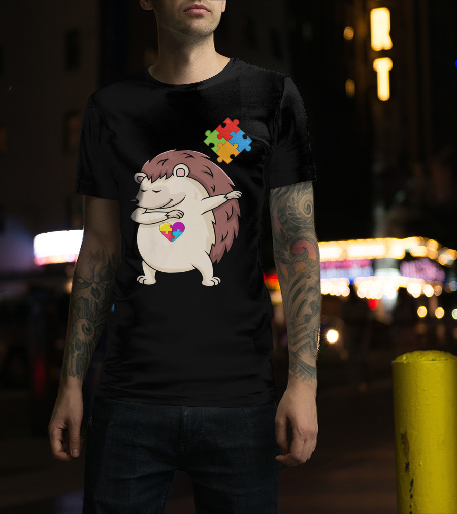 Hedgehog Dabbing With Puzzle Pieces Heart Autism Awareness T-Shirt
