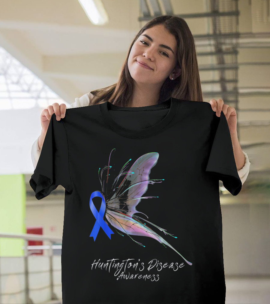 Huntington's Disease Awareness Blue Ribbon Butterfly T-Shirt