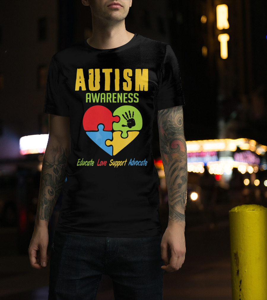 Autism Awareness Advocate Educate Love Support Puzzle Heart Handprint T-Shirt