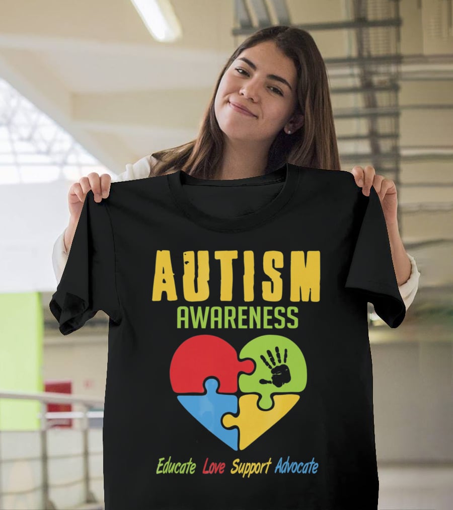 Autism Awareness Advocate Educate Love Support Puzzle Heart Handprint T-Shirt