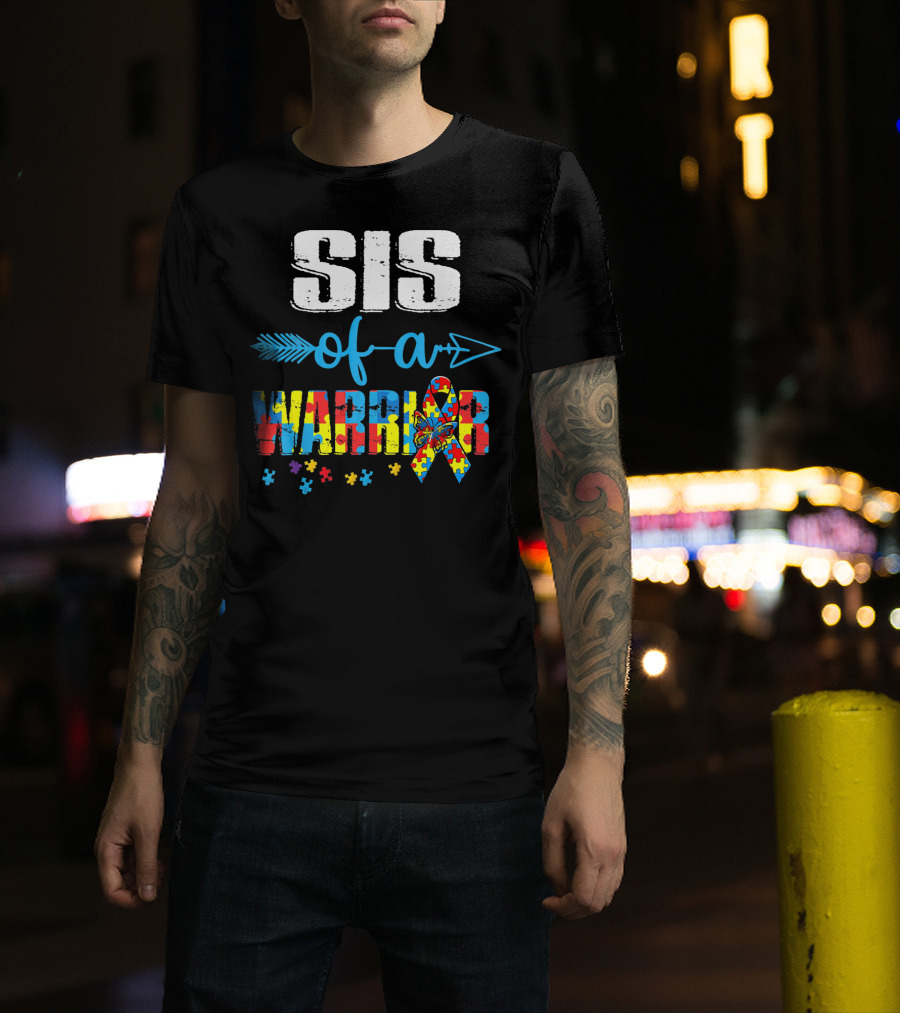 Sister Of A Warrior Autism Awareness Puzzle Ribbon Butterfly T-Shirt