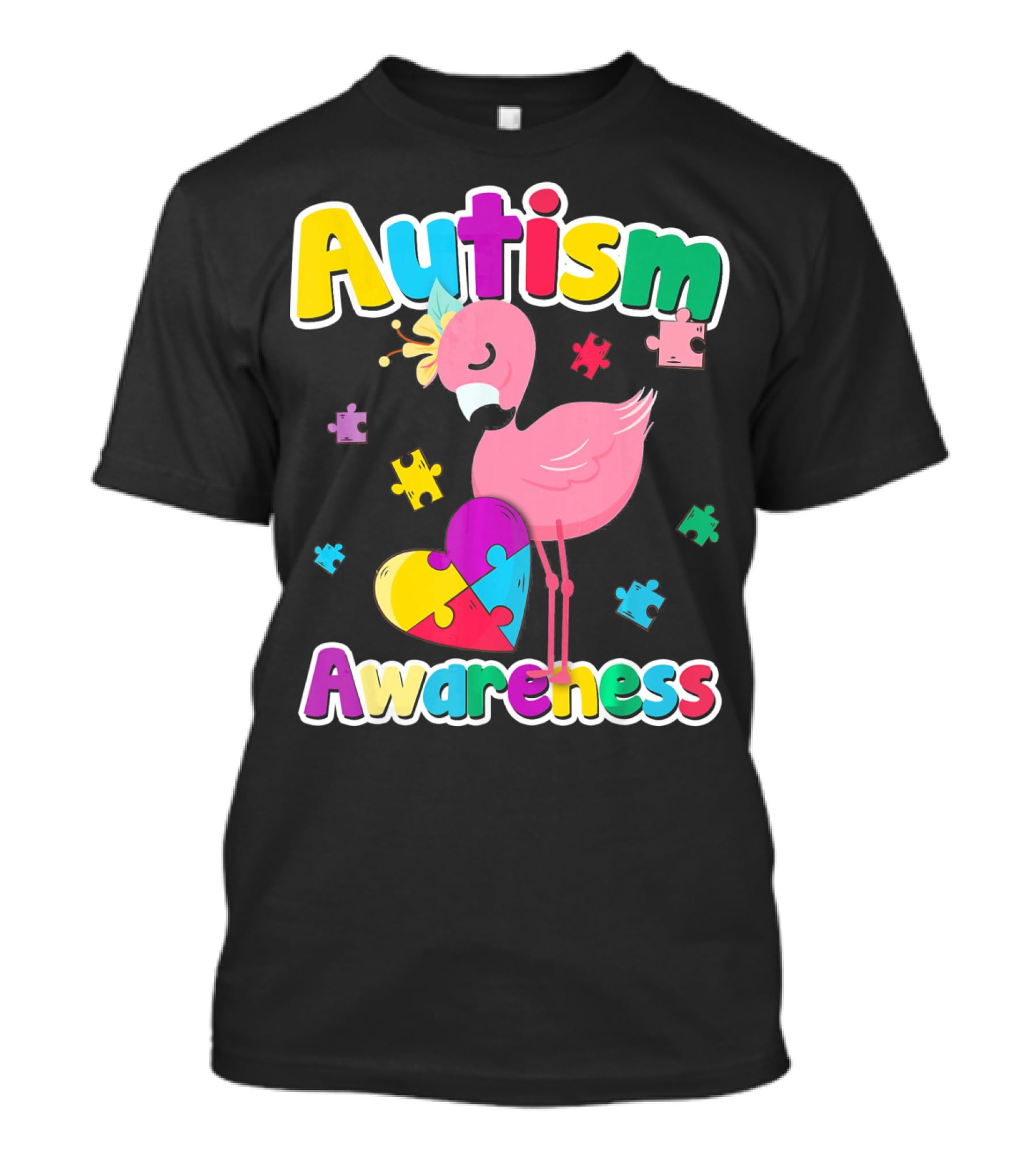 Autism Awareness Flamingo Heart Puzzle Pieces T-Shirt