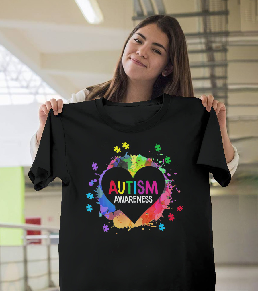 Autism Awareness Colorful Heart Puzzle Splash T-Shirt