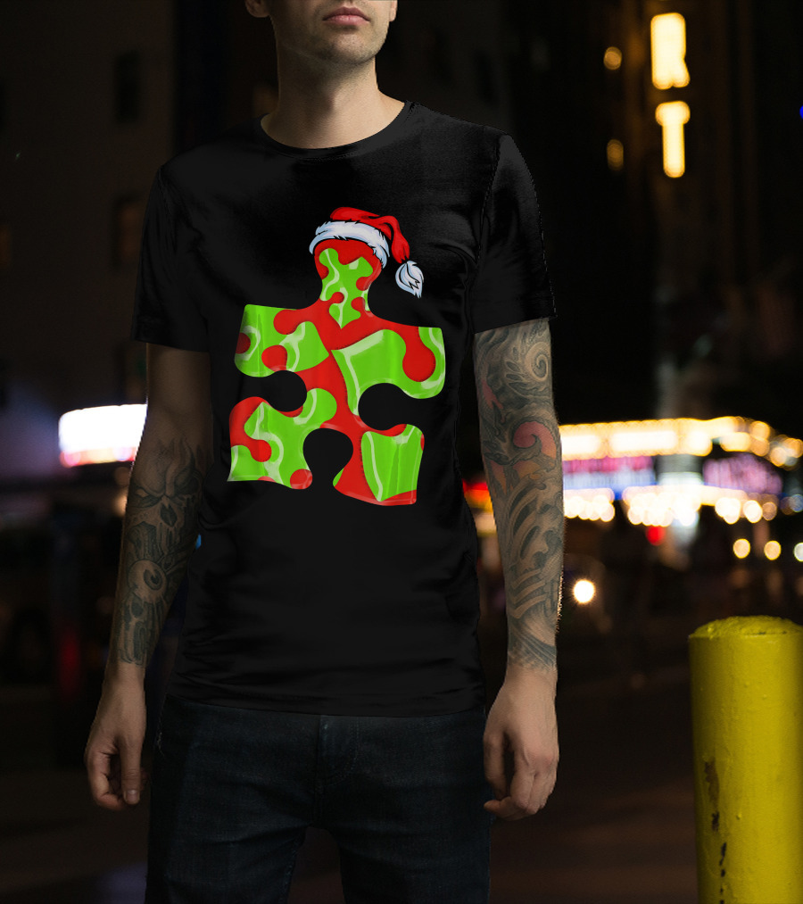 Puzzle Piece Santa Hat Red Green Autism Awareness T-Shirt