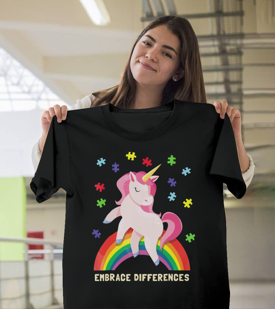 Embrace Differences Autism Awareness Youth Unicorn Rainbow Puzzle Pieces T-Shirt