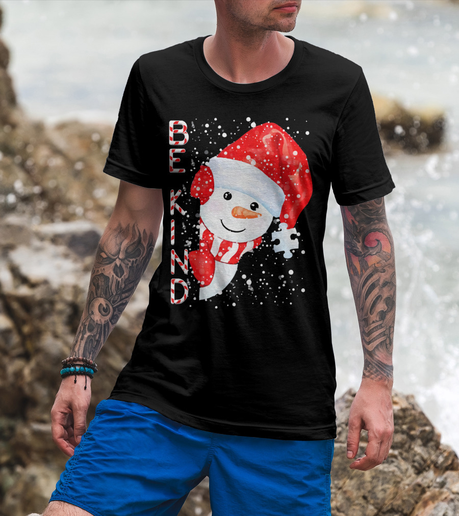 Be Kind Snowman Santa Hat Autism Puzzle Piece Holiday T-Shirt