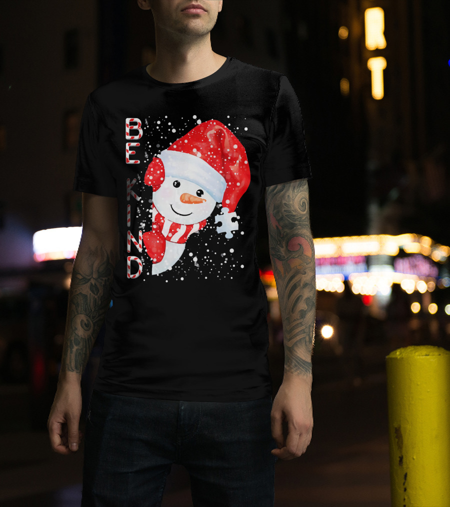Be Kind Snowman Santa Hat Autism Puzzle Piece Holiday T-Shirt