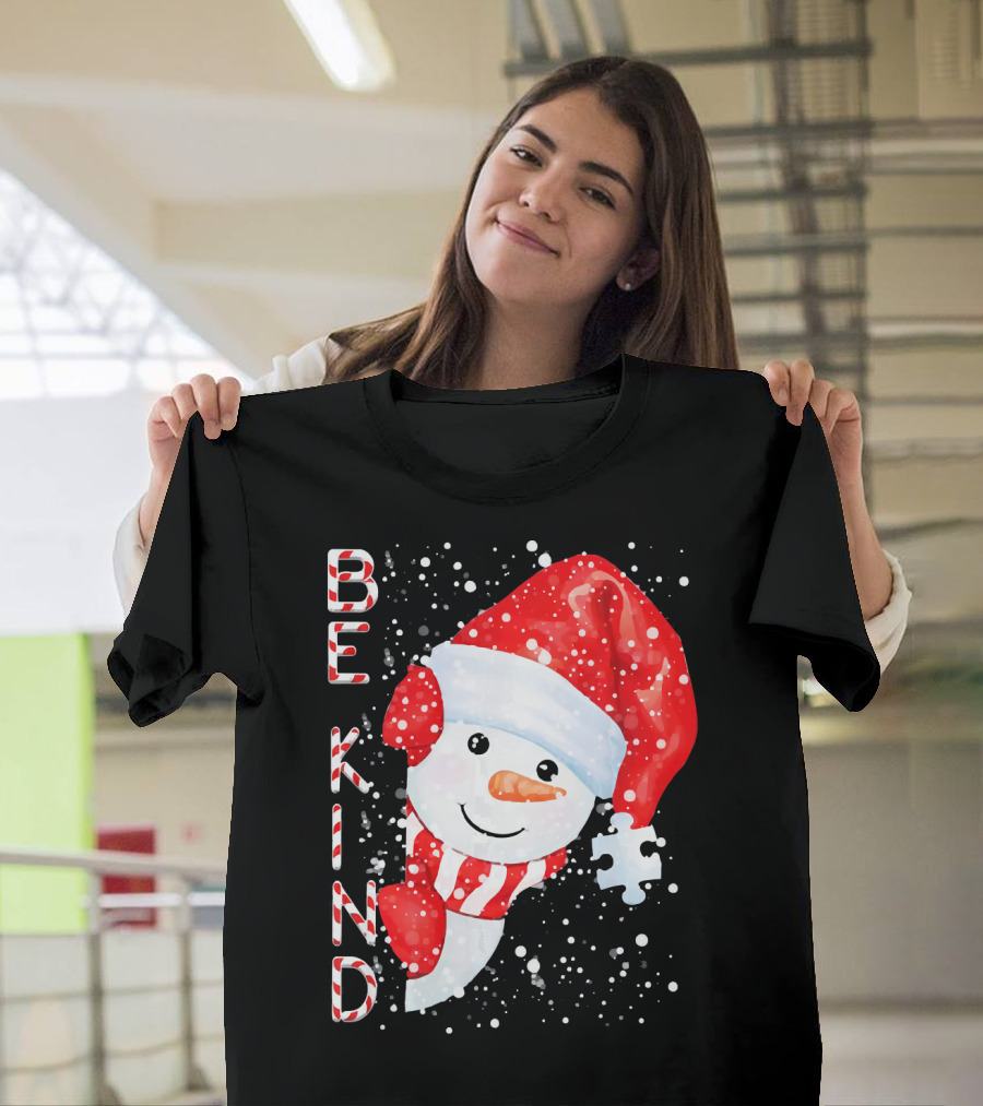 Be Kind Snowman Santa Hat Autism Puzzle Piece Holiday T-Shirt