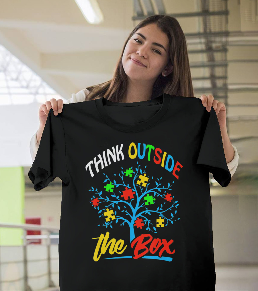 Think Outside the Box Puzzle Tree Autism Awareness T-Shirt