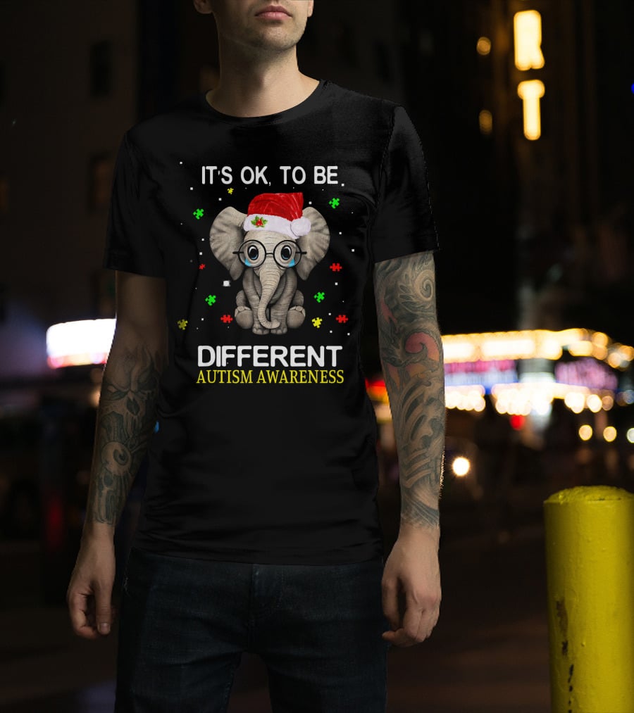 Its OK To Be Different Elephant Autism Awareness Santa Hat Puzzle Pieces T-Shirt